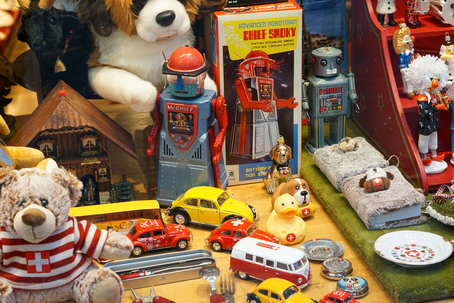 A vibrant collection of vintage toys and collectibles including robots and cars, showcasing unique collectable items.